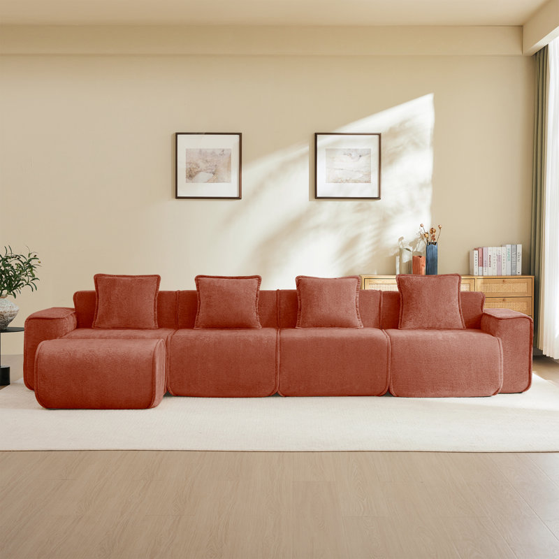 Canapé modulaire en forme de L à 4 places avec passepoil à bord franc, sans assemblage requis, tissu en velours, Red