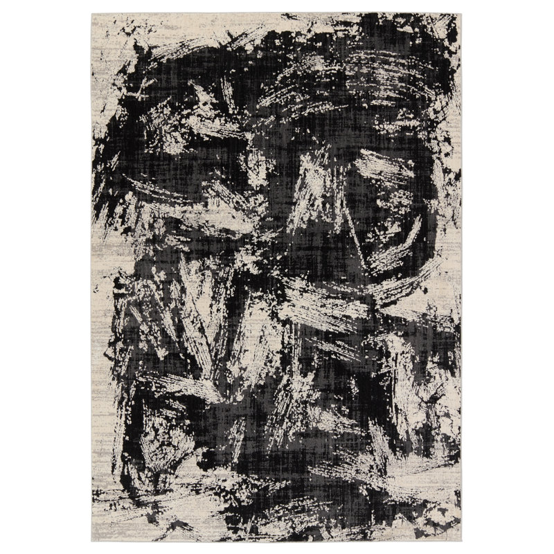 Tapis abstrait noir / crème, Rectangle 6 pi 7 po x 9 pi 6 po