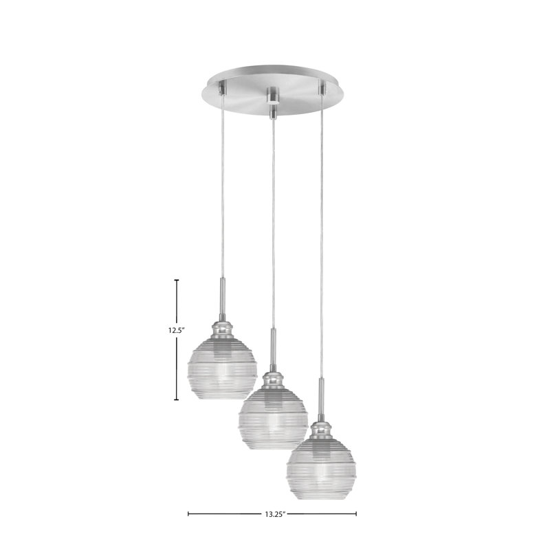 Luminaire suspendu grappe 3 lumières Edge, Nickel brossé, Nervuré transparent