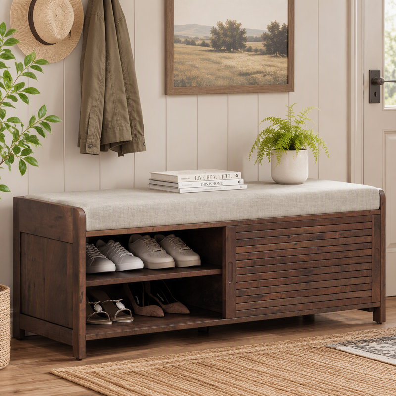 Banc à chaussures avec rangement et coussin, banc de rangement à volets vieillis avec charme rétro pour le salon, vestibule