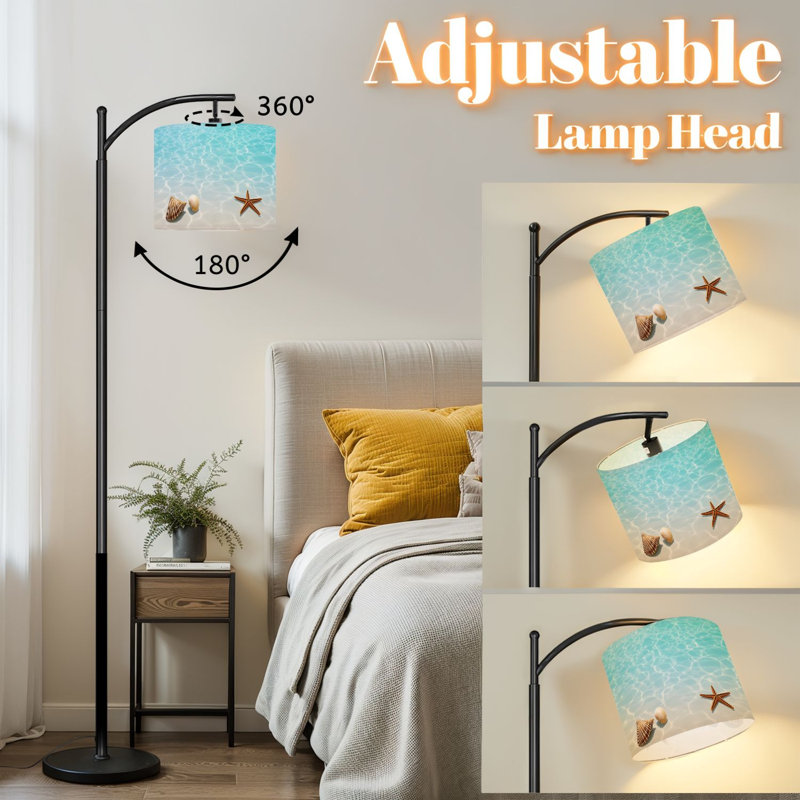 Arc Floor Lamp with Adjustable Lampshade Seashells Starfish Clear Ocean Water Sandy Coastal Summer Standing Lamp 3 Color Temperatures Dimmable Tall Pole Lamp with Foot Switch for Bedroom