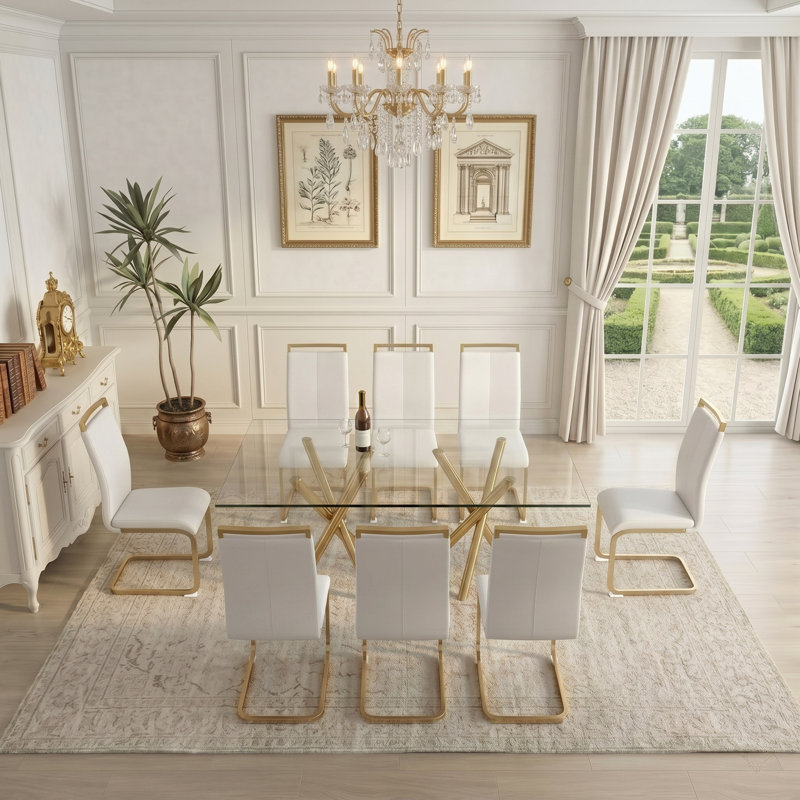 Contemporary Glam Tempered Glass 9-Piece Dining Set with Cantilever Chairs, Gold, White/Gold, Transparent