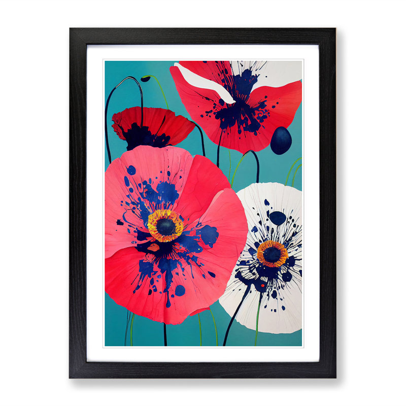 Poppy Flower Splatter Vol.2 - Single Picture Frame Painting, 64cm H x 46cm W x 2cm D, Oak