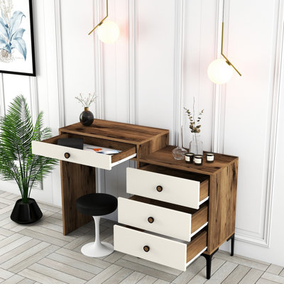 Modern Make-Up Table with Metal Legs, Walnut & Cream Finish, 48.8 x 33.4 x 15.7 inches | 100% Melamine Coated Particle Board, Thickness: 0.7 inches | Stylish Dresser with Plastic Handle, Perfect for Contemporary Spaces