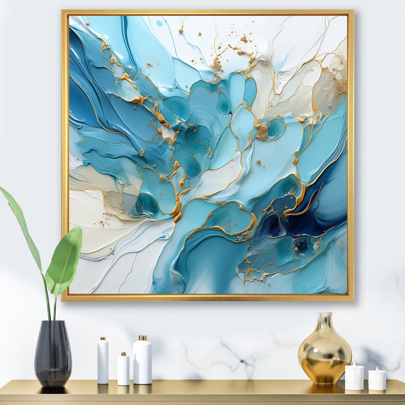 Bleu et blanc, charme de glacier - formes abstraites, art mural, H 36 po x l 36 po x P 1,5 po, Cadre flottant doré