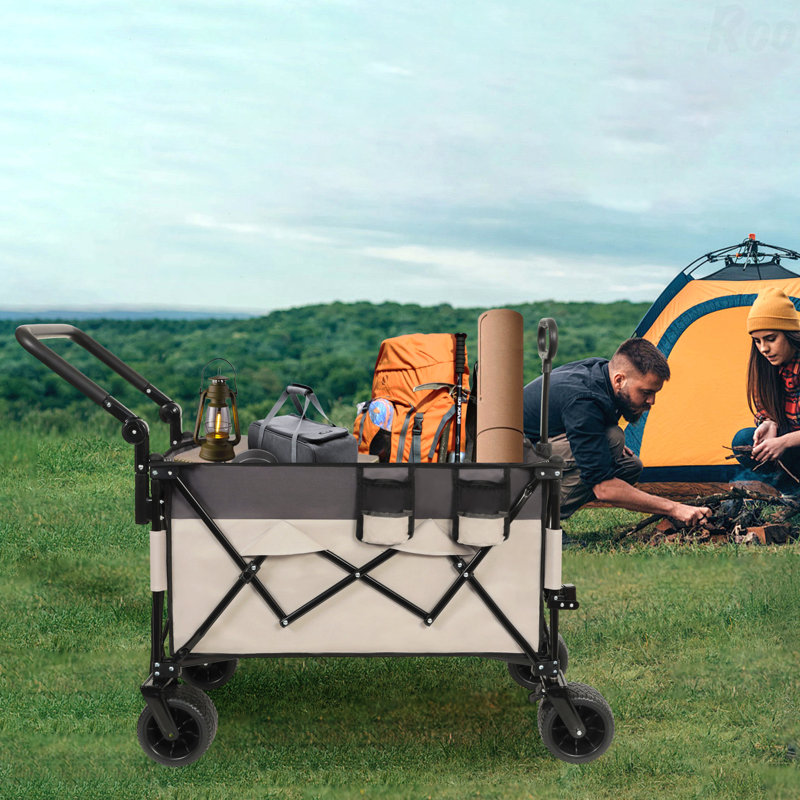 Multi-Functional Push-Pull Folding Wagon Cart With Rotating Handle & 360° All-Terrain Wheels – Heavy-Duty, Adjustable Design, Large Capacity For Transport, Groceries, And Outdoor Use, Khaki- Gray