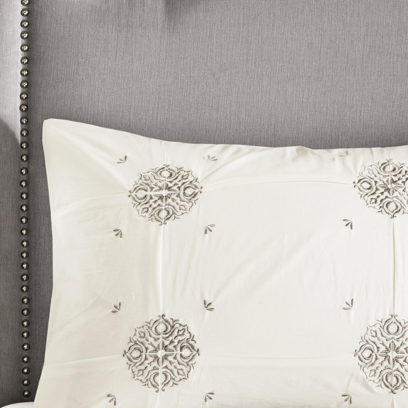 Housse de couette réversible en coton pour lit double / grand lit - 4 pièces, style, motif de broderie et de médaillon, comprend couette, 2 taies décoratives et 1 coussin, tissu lavable à la machine