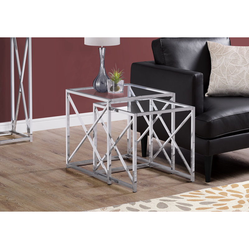 Nesting Table Set Of 2, Side, End, Accent, Living Room, Bedroom, Metal, Tempered Glass, Clear, Chrome