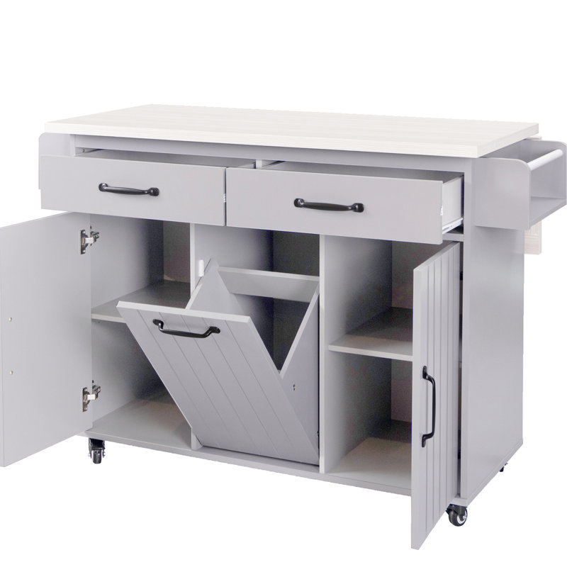 Grey Kitchen Island With Trash Storage, Drawers, Cabinets, Mobile Wheels And Stationary Feet Rolling Bin, Drop Leaf, Adjustable Shelves, Handy
