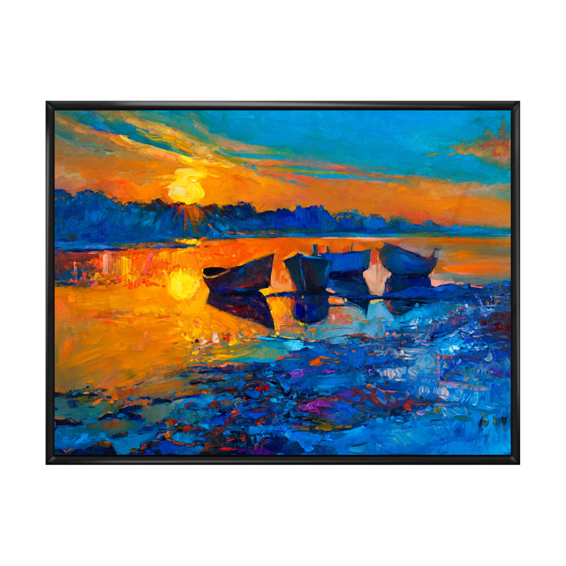 Bateaux en mer II - reproduction sur toile, H 16 po x l 32 po x P 1 po, Toile avec cadre flottant noir
