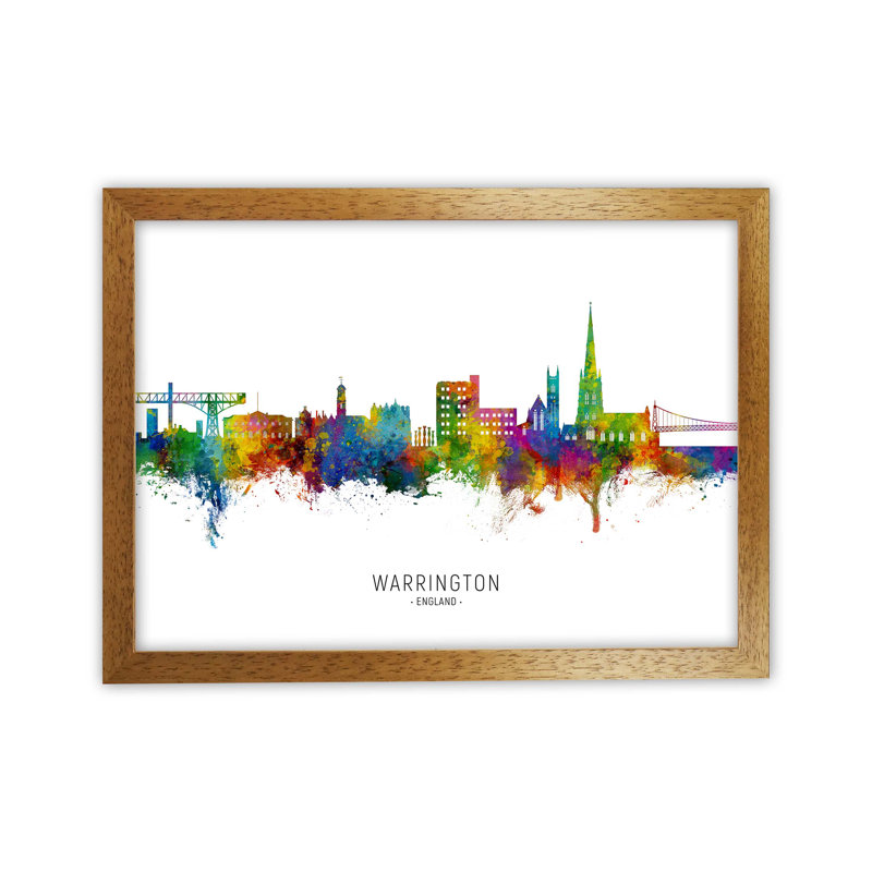 Warrington England Skyline by Michael Tompsett - Print, 64cm H x 88cm W x 3cm D, Oak Framed