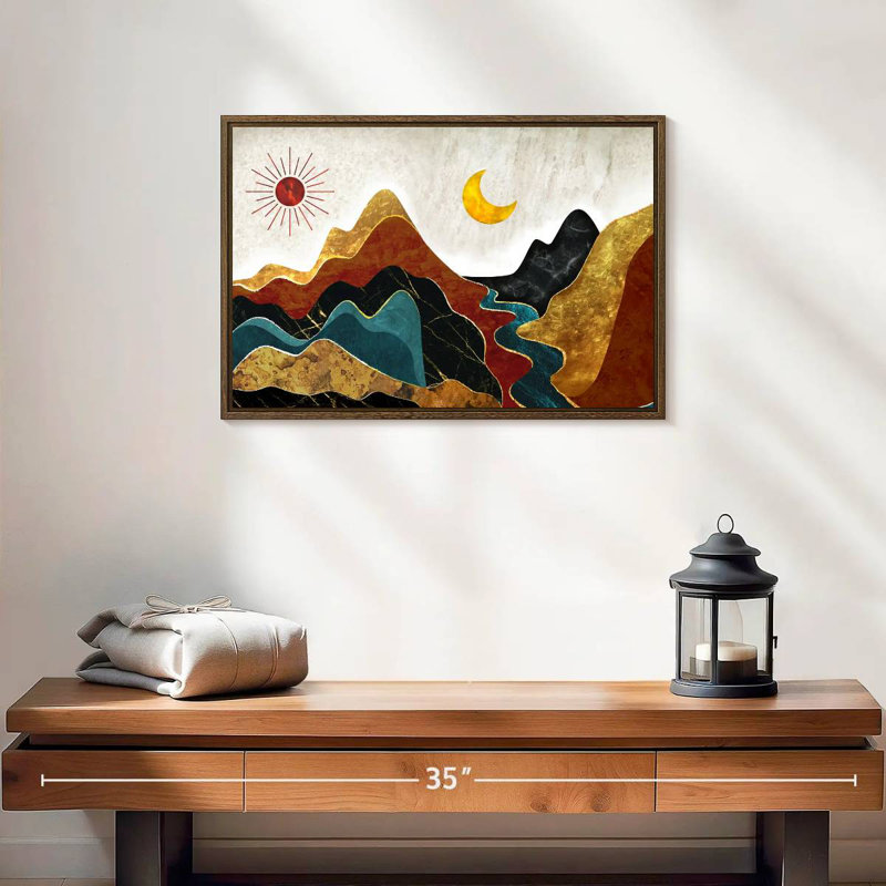 Paysage de montagne texturé abstrait, 19 po x 13 po, Cadre flottant en noyer