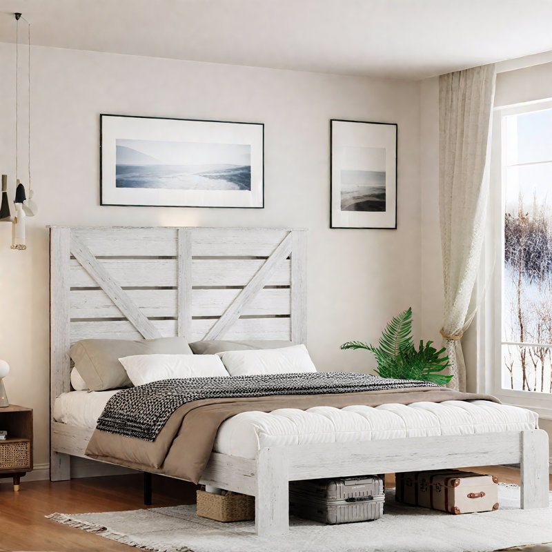 Base de lit plateforme en bois avec tête de lit, Blanc, Grand