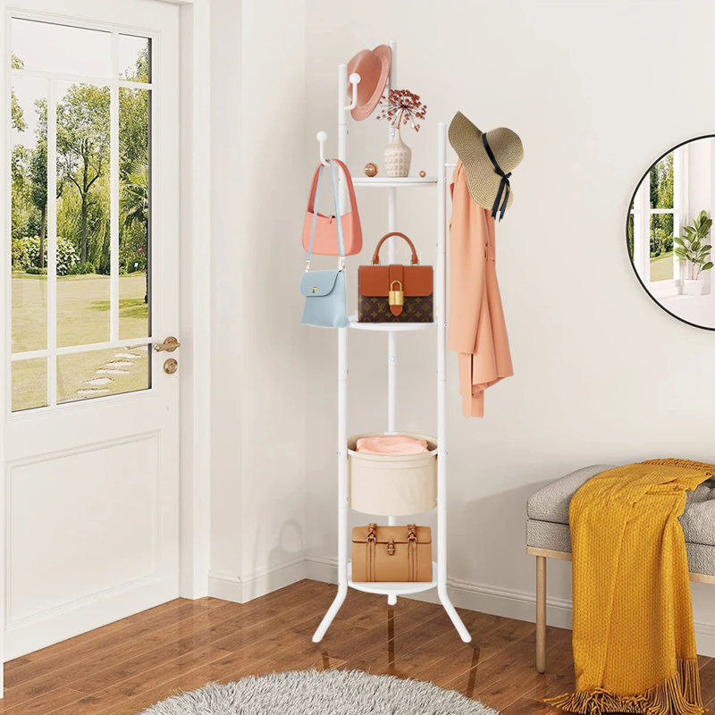 Round Coat Rack With 3 Wooden Shelves And 1 Fabric Basket, White