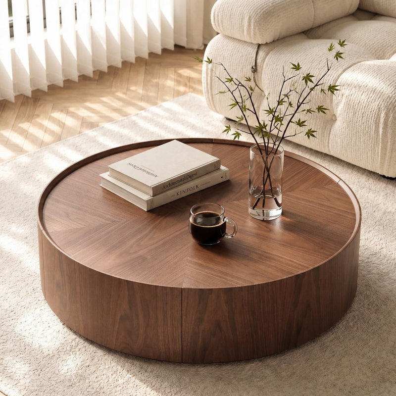 Table basse ronde en bois de noyer avec deux tiroirs de rangement, conception peu encombrante, Walnut