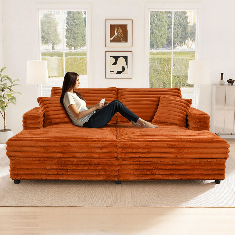 Mercer41 Oversized 86" Double Chaise Lounge Sofa Chair Indoor, Upholstered Plush Corduroy Lounge Couch, Vibrant Orange