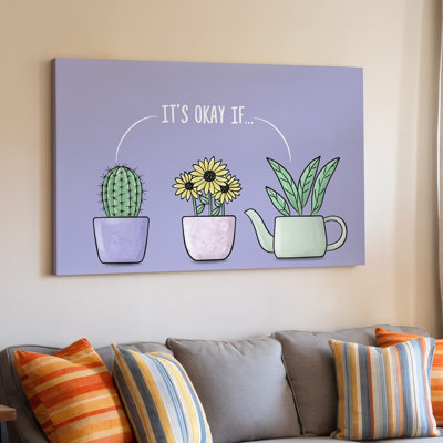 "Toile", une illustration minimaliste apaisante mettant en vedette trois plantes en pot disposées en art horizontal sur une ligne horizontale