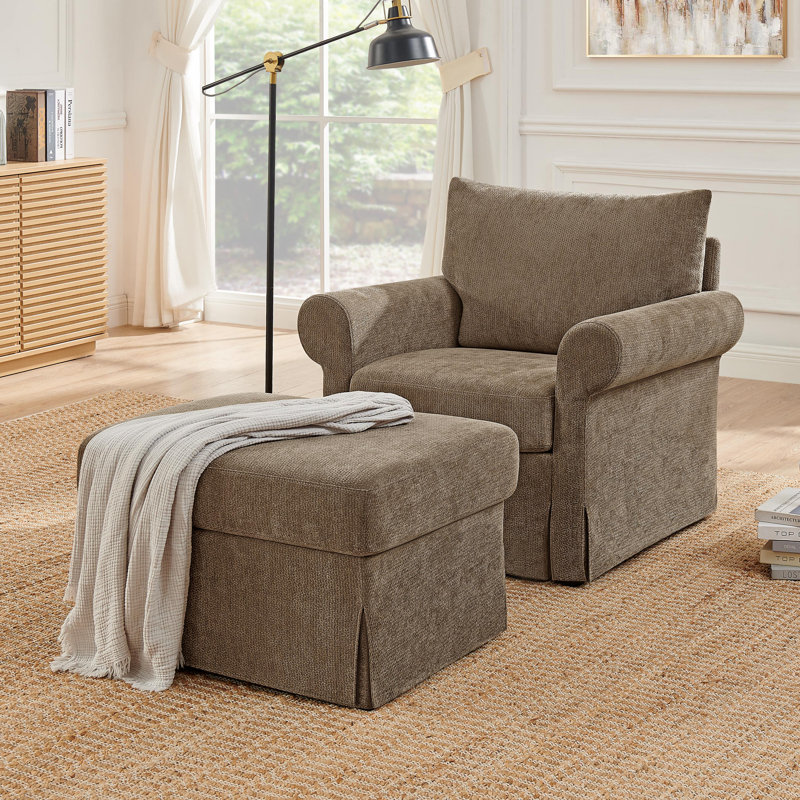Chaise d'appoint rembourrée avec repose-pieds en chenille, Brun