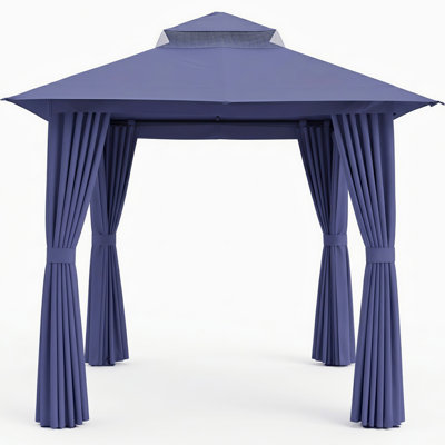 Gazebo de patio Yardgrace 2,4 m x 2,4 m avec toit souple, auvent à 2 niveaux, moustiquaire et rideaux d'intimité, bleu