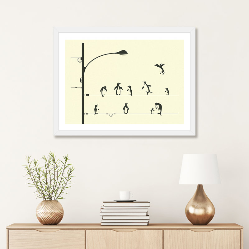«Penguins on a Wire», art encadré, H 16 po x l 24 po x P 1 po, White Framed Fine Art Paper