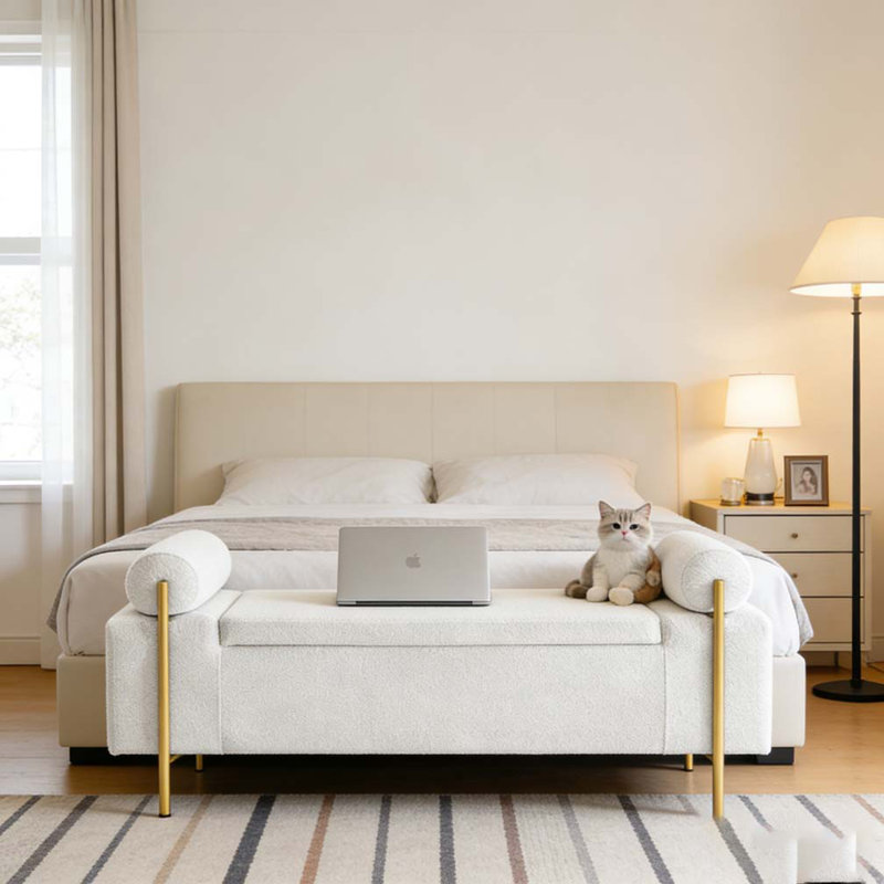 Banc de rangement en velours avec accoudoirs cylindriques et pieds en fer, Blanc