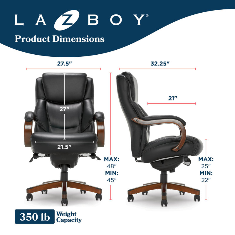 La-Z-Boy Delano Big & Tall Executive Office Chair, Ergonomic Mid-Back with Body Pillow Lumbar Support, ComfortCore® with Memory Foam Cushion, Mahogany Wood Arms and Swivel Base, Bonded Leather