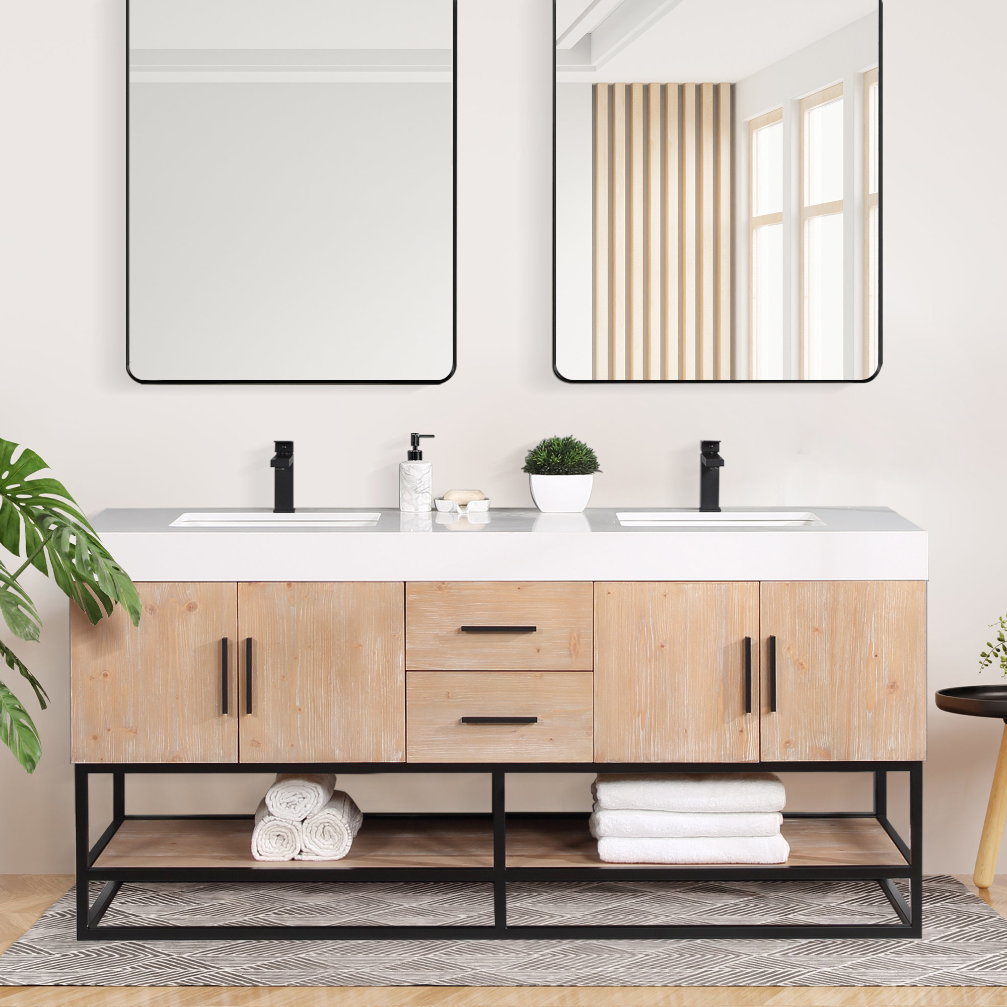 Bianco 60 Double Bathroom Vanity in Light Brown with Brushed Gold Support Base and White Composite Stone Countertop Without Mirror