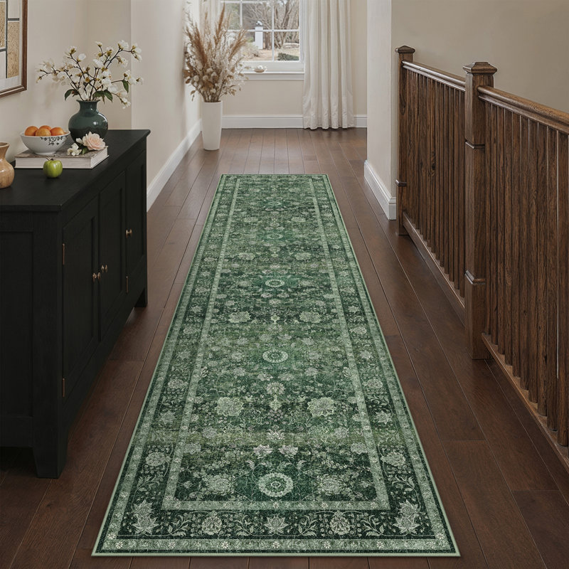 Tapis oriental vert Patty avec envers antidérapant, Green, 0.35", Tapis de couloir 2 pi x 8 pi