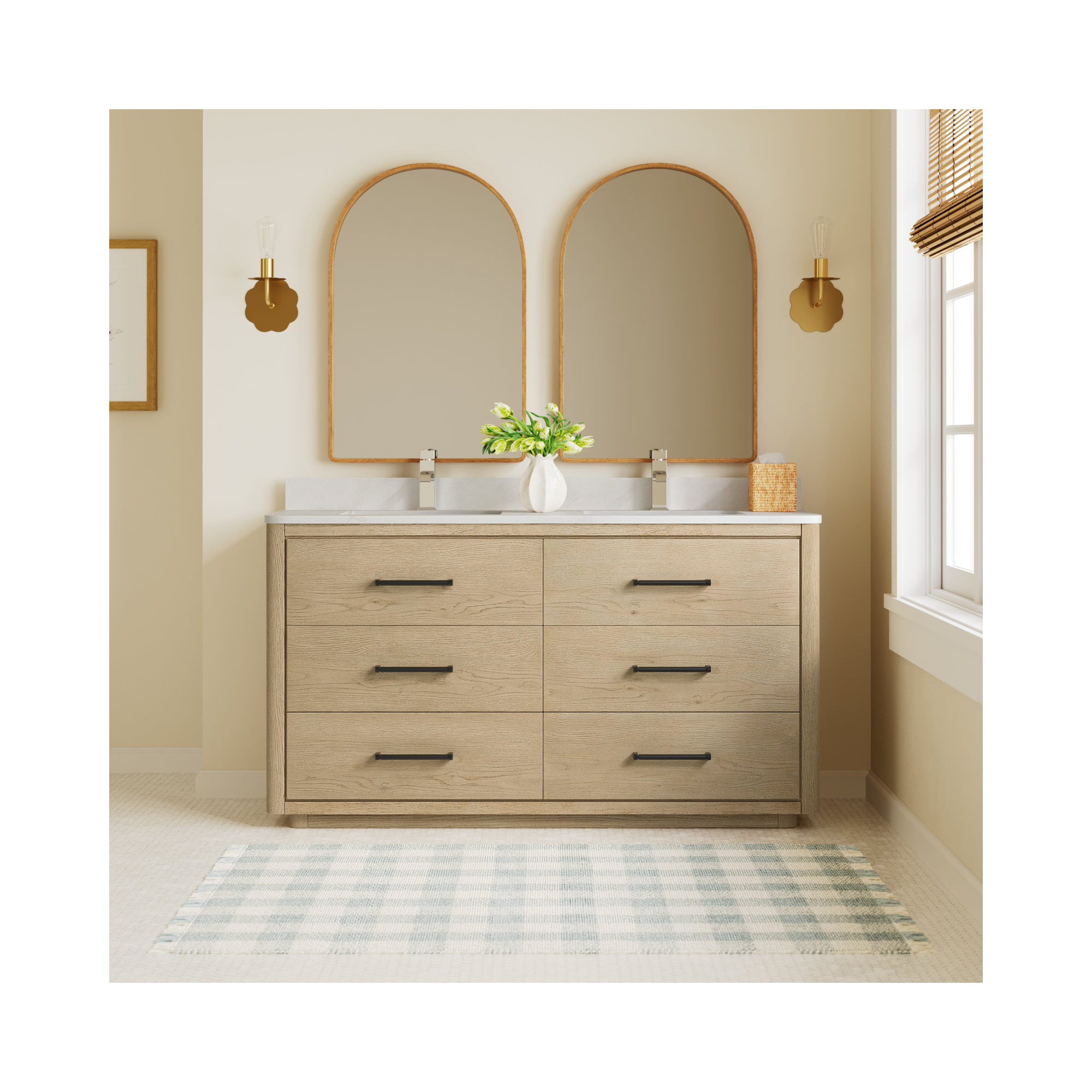 Porto 60'' Double Bathroom Vanity, Natural Oak, Matte Black