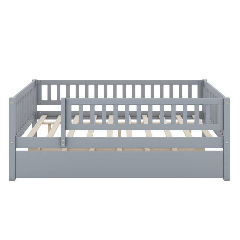 Daybed With Trundle And Fence Guardrails, Gray