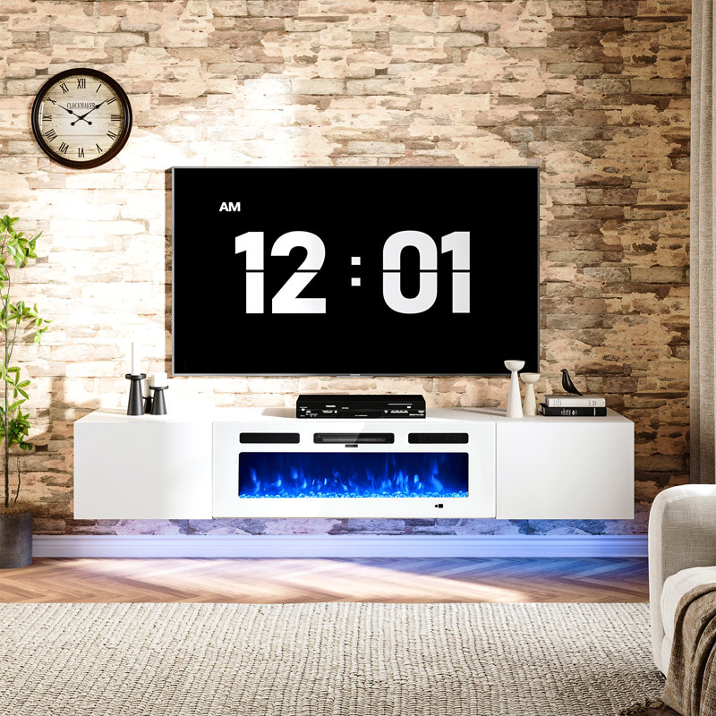 Floating Tv Stand With 36" Electric Fireplace, Wall Mounted Fireplace Entertainment Center With Storage For Tvs Up To 80", Adjustable Partition