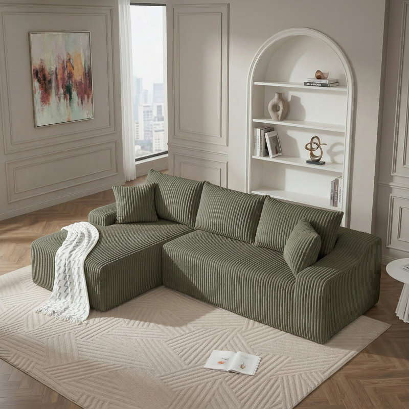 Canapé modulaire moelleux en velours côtelé de 108 po, canapé en L spacieux pour des espaces de vie confortables, Vert