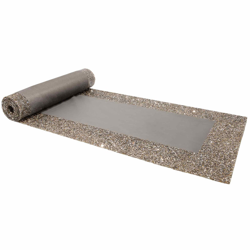 Charcoal Polyester Velvet Table Runner with Rhinestone Border