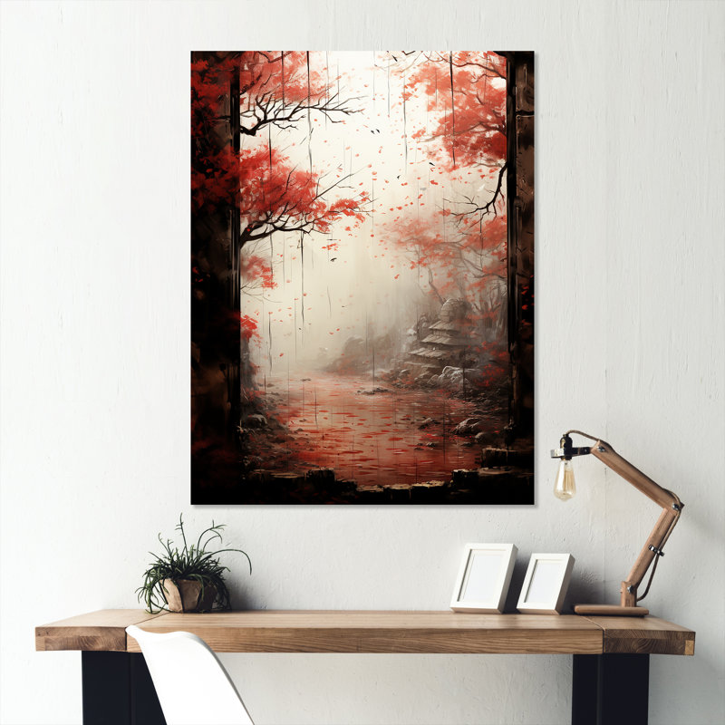 «Red Gothic Japon Forest View 1», art mural en métal au Japon, H 20 po x l 12 po x P 1 po