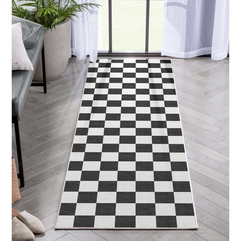 Kehr Geometric Machine Woven Polyester Area Rug in Black, Runner 2' x 5'