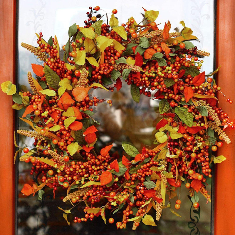 Couronne de baies artificielles 15,7 po avec baies mélangées, feuilles d'automne et blé - Décoration de porte de l'Action de grâce