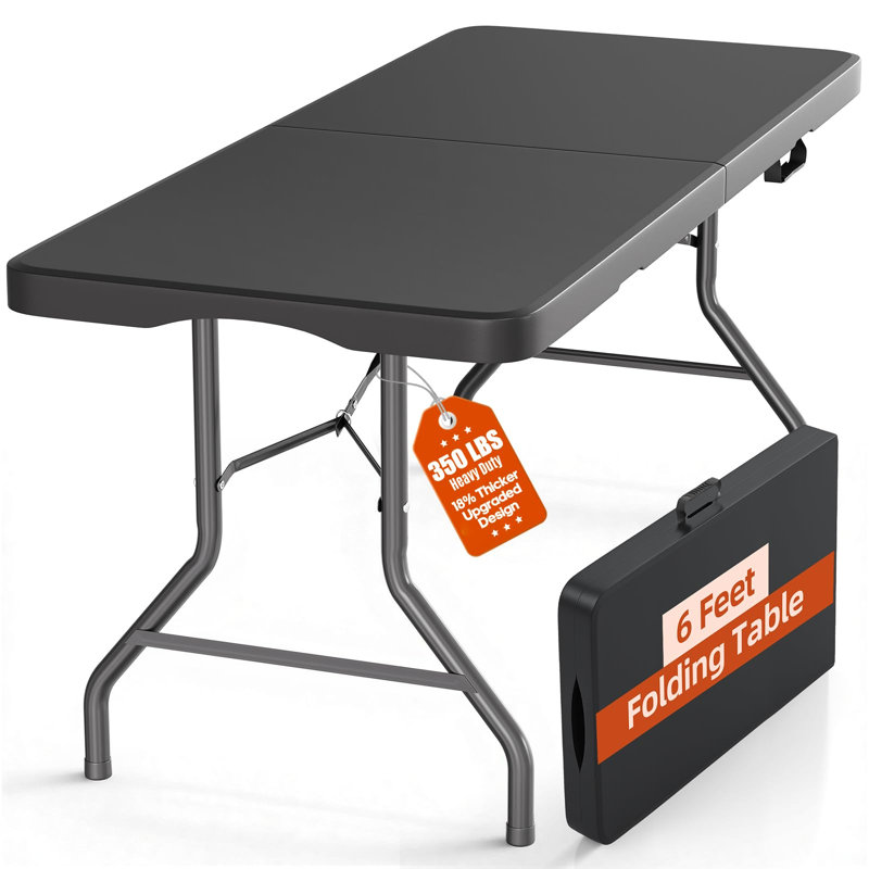 6 po. Pliable en demi-dessus de table utilitaire robuste en plastique Hdpe avec pieds en acier verrouillables, capacité de 350 lb, table d'événement intérieure et extérieure noire