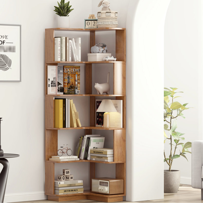 Bibliothèque d'angle en forme de L à 6 niveaux, chêne foncé, avec déflecteur et grain de bois 3D, convenant à une bibliothèque de bureau dans un couloir