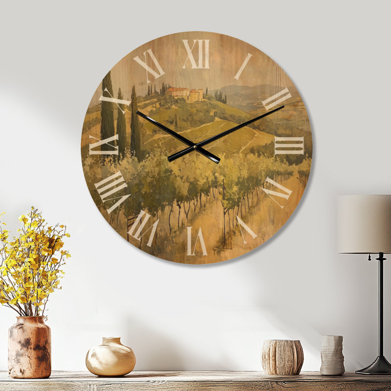 Horloge murale ronde toscane Cypress Hill Estate, imprimée sur bois, Grand