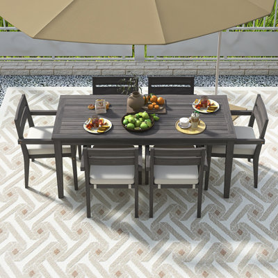 7 Pieces Acacia Wood Outdoor Dining Set In Gary With Cushionsin｜Modern 6 Chairs And 1 Large Table｜Ight Water-Resistant Fabric｜Dining Furniture Set For Lawn, Backyard, Garden Deck,Poolside