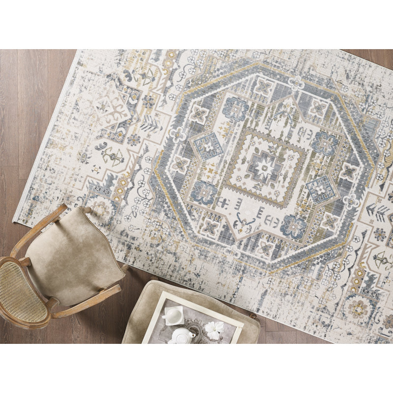 Boho Vintage Fringe Area Rug In Cream/Beige/Gray/Yellow/Blue Carpet For Living Room, Bedroom, Hallway Runner, Runner 2' x 8'