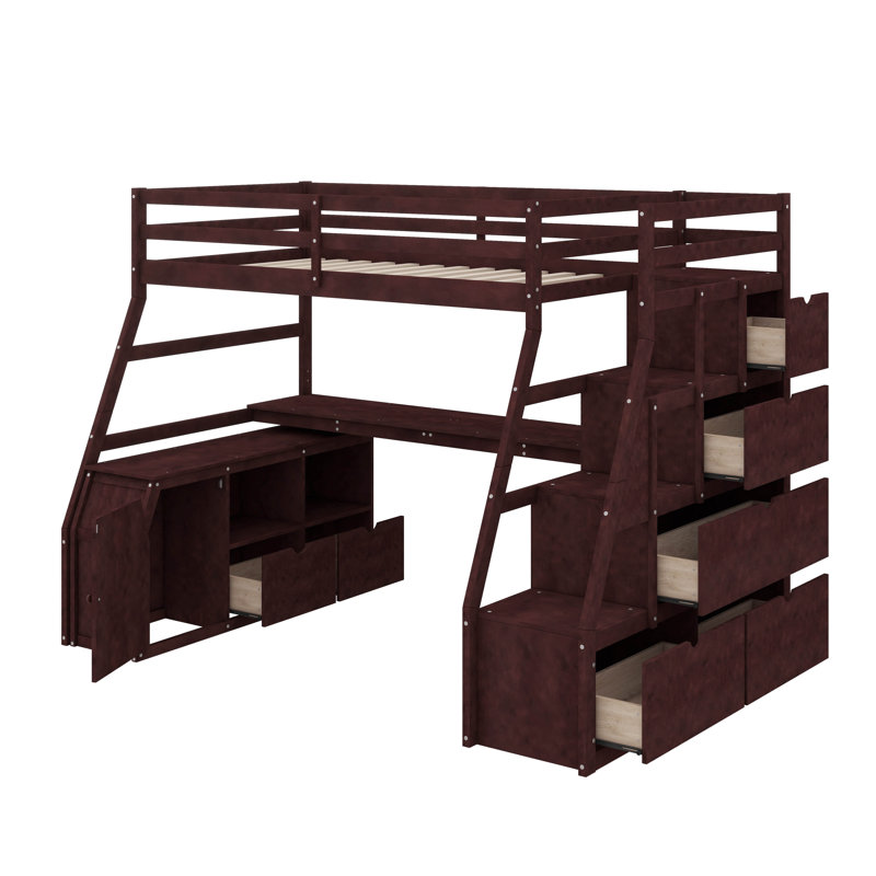 Twin-Sized High-Rise Bed With 7 Drawers, 2 Display Shelves, And A Study Desk, Twin, Espresso