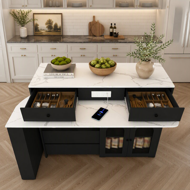 Îlot de cuisine avec table extensible et rotative, 4 tiroirs, armoires à portes en verre et douille intégrée pour 2 à 4 personnes
