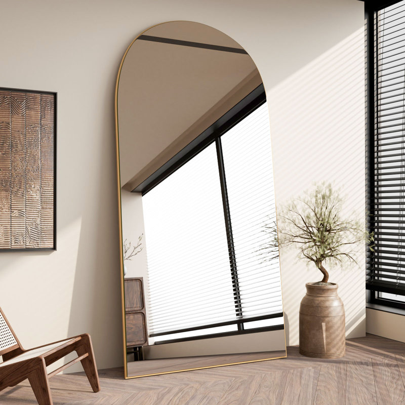 Très grand miroir de plancher arqué sans cadre pleine longueur avec support, miroir mural ou incliné pour chambre à coucher, salle de gym à domicile, salon, entrée