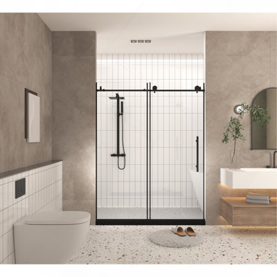 Frameless shower door 56-60 "W x 76"H, 1/4 "(6 mm) Clear Tempered Glass, Explosion Proof Film, Stainless Steel Handle, Matte Black