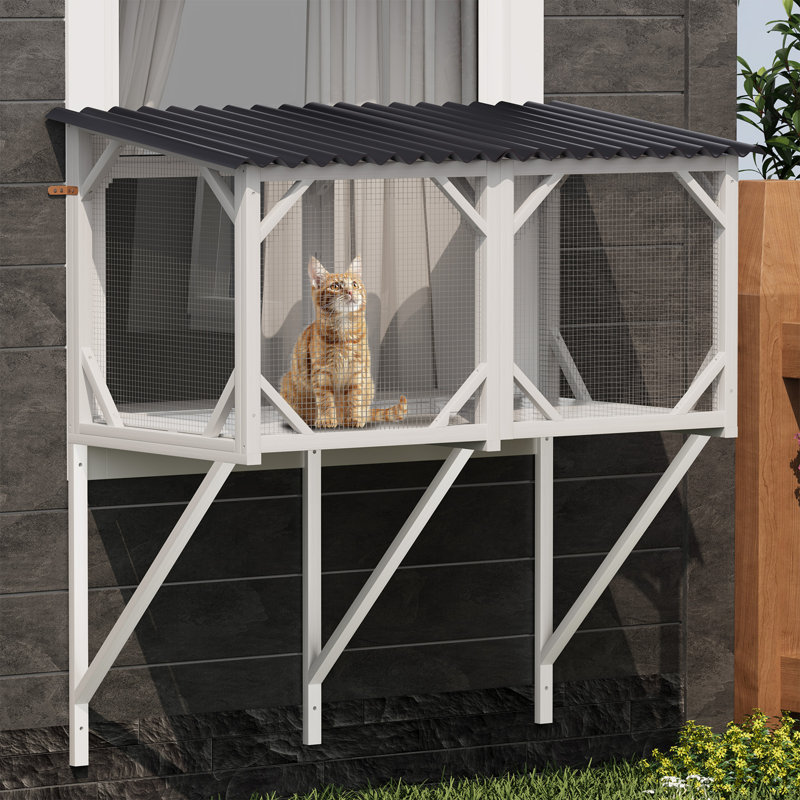 43.3" Cat Window Box,catio Outdoor Enclosure W/waterproof Roof,all Weather Use Cat Window Perch With Windows