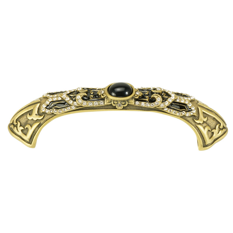 CHINOISERIE 3-1/2" C TO C PULL; JET, DECORATED WITH SWAROVSKI® SILK CRYSTAL & JET CABOCHON; MUSEUM, Gold