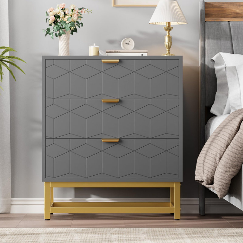 3-Drawer Wide Wooden Dresser with Metal Legs, Gray
