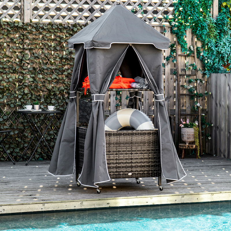Outdoor Towel Storage Caddy - Covered Poolside Rack With Shelf, Basket, And Rolling Pe , Grey Holder