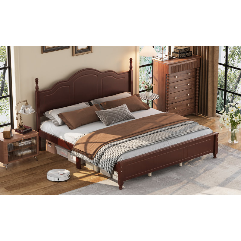 Base de lit plateforme avec tête de lit à vagues rétro, support de lattes en bois, aucun sommier requis, Noyer